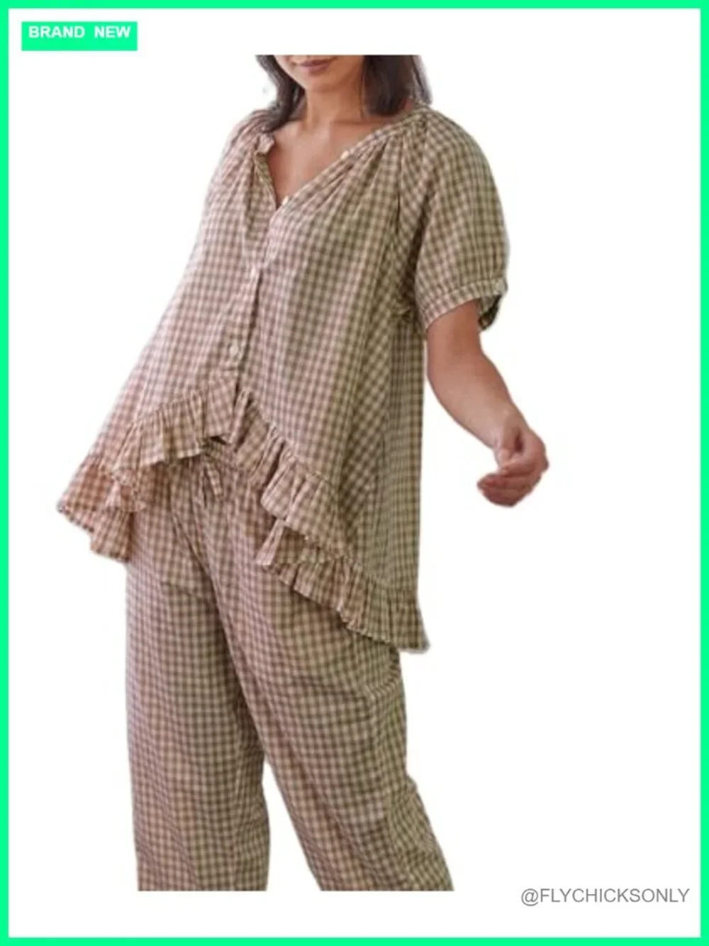 Women Plaid Ruffle Hem Pajama Set Short Sleeve High Waist Bell Bottom Pants